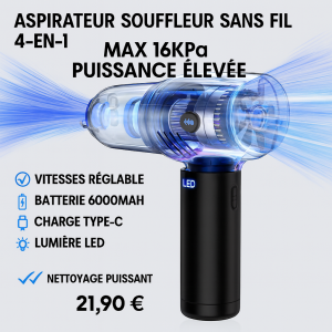 MECO ELEVERDE Aspirateur Souffleur Sans Fil 4‑en‑1 – Puissance 16 KPa, Batterie 6000 mAh, LED & Affichage | Nettoyage PC, voiture, poils d’animaux