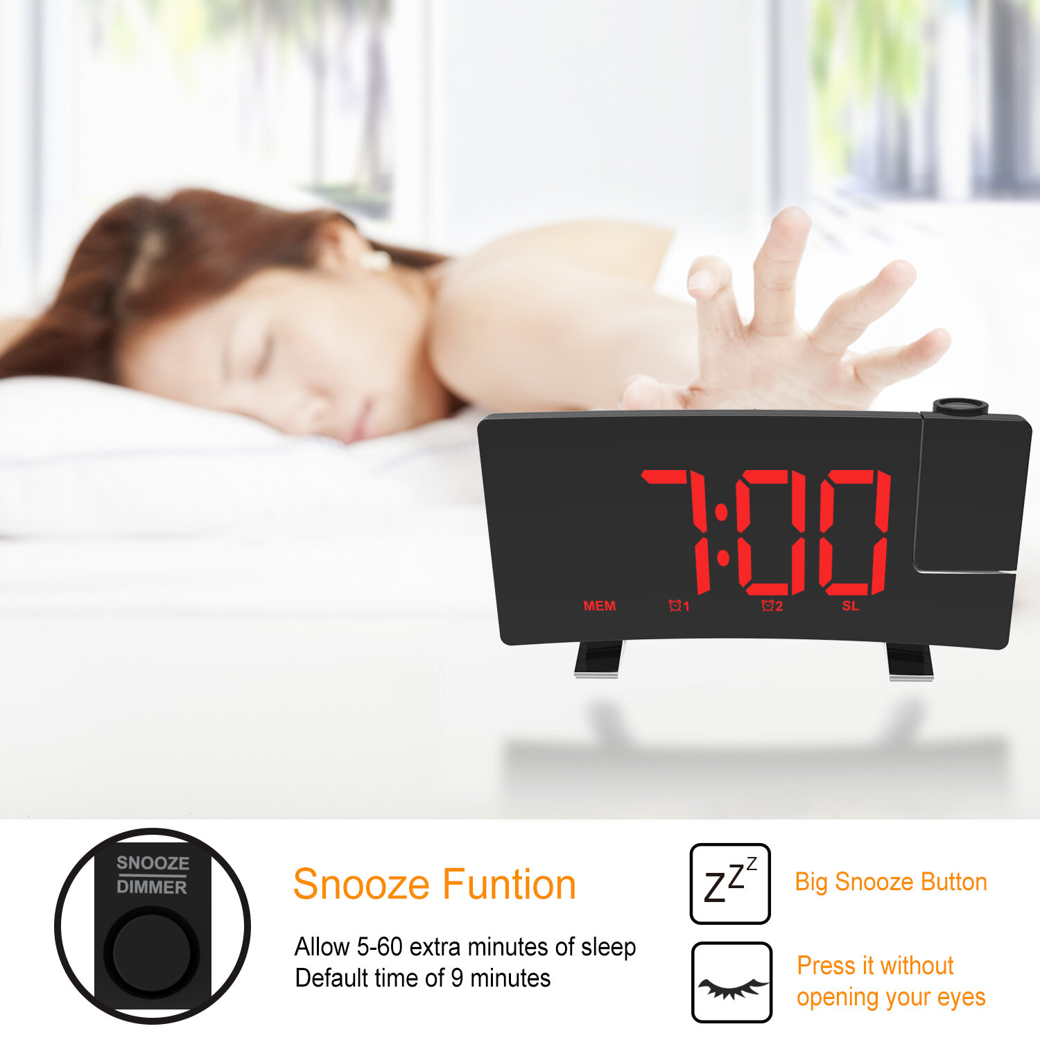 Réveil Projecteur AGSIVO 8 pouces – Projecteur 180°, Radio FM, Snooze, Variateur 3 Niveaux, Écran LED Courbé, Port USB – Chambre & Salon - Image 6