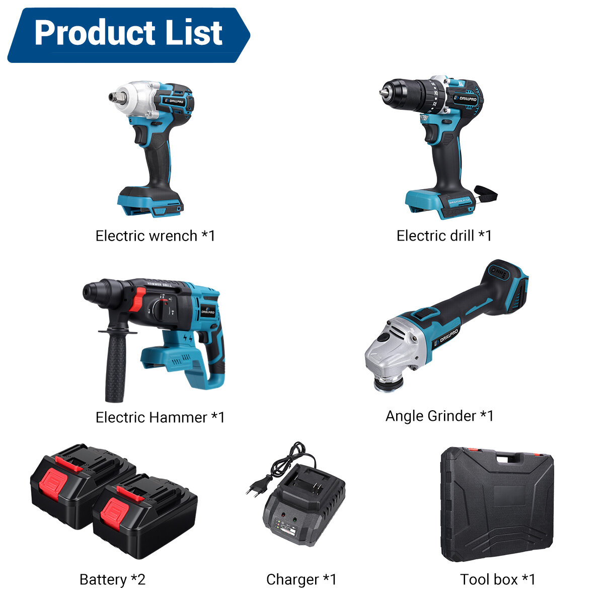 Set d'outils électriques Drillpro de 4 pièces : clé,meuleuse angulaire,perforateur,moteur sans balais,livré avec 2 batteries et 1 chargeur. - Bleu - Image 7