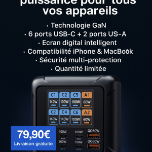Station de Charge GaN 420W – 8 Ports (6 USB‑C + 2 USB‑A) avec Affichage Digital