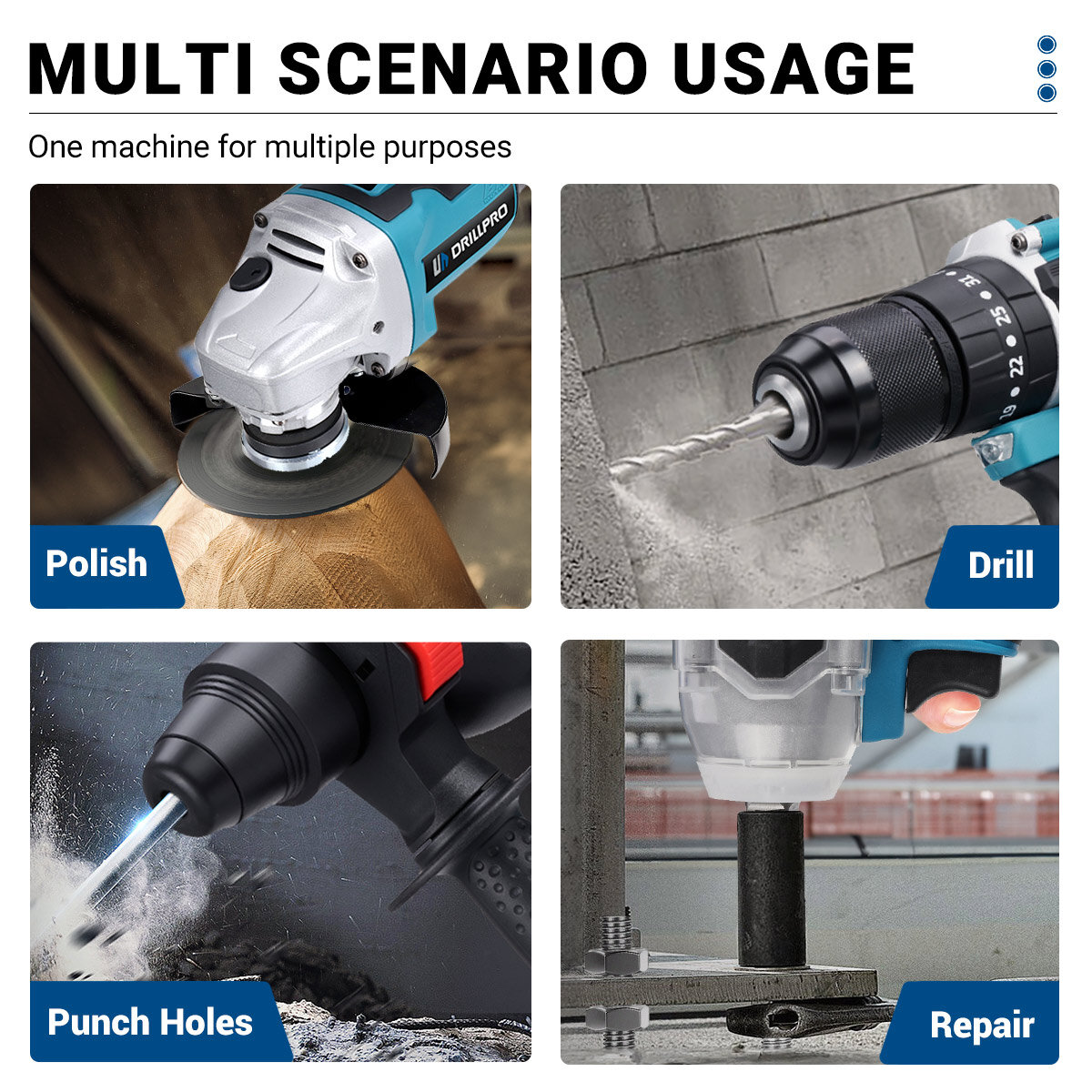 Set d'outils électriques Drillpro de 4 pièces : clé,meuleuse angulaire,perforateur,moteur sans balais,livré avec 2 batteries et 1 chargeur. - Bleu - Image 6