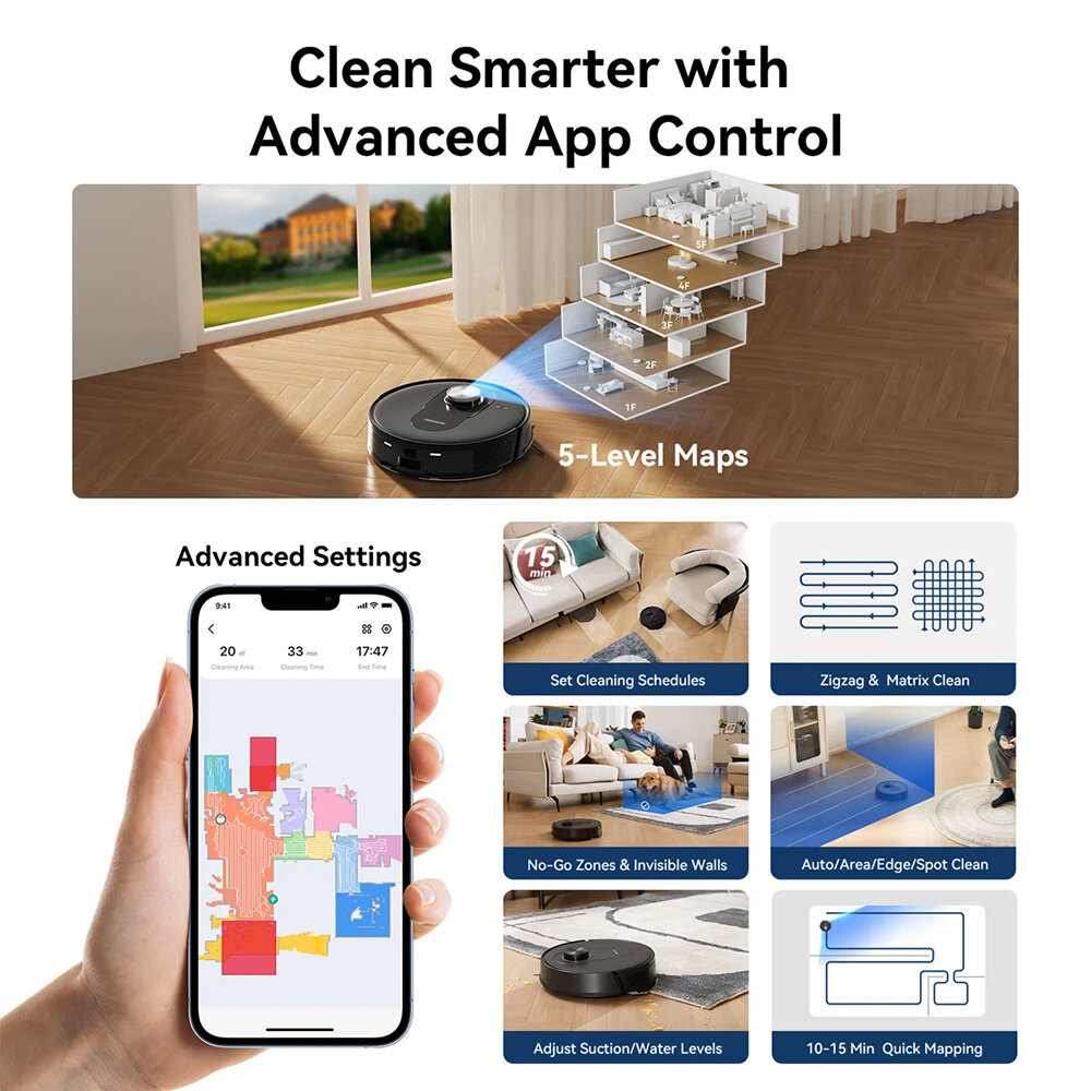 Proscenic Q8 – Robot Aspirateur Mop Combo | 4200 Pa, LiDAR, 200 min, App, Auto‑Charge | Idéal Poils d’Animaux & Tapis - Image 3