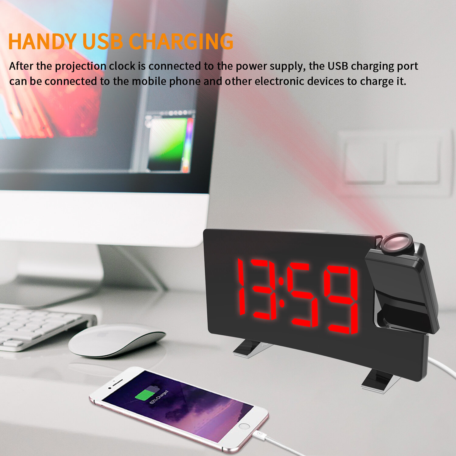 Réveil Projecteur AGSIVO 8 pouces – Projecteur 180°, Radio FM, Snooze, Variateur 3 Niveaux, Écran LED Courbé, Port USB – Chambre & Salon - Image 5