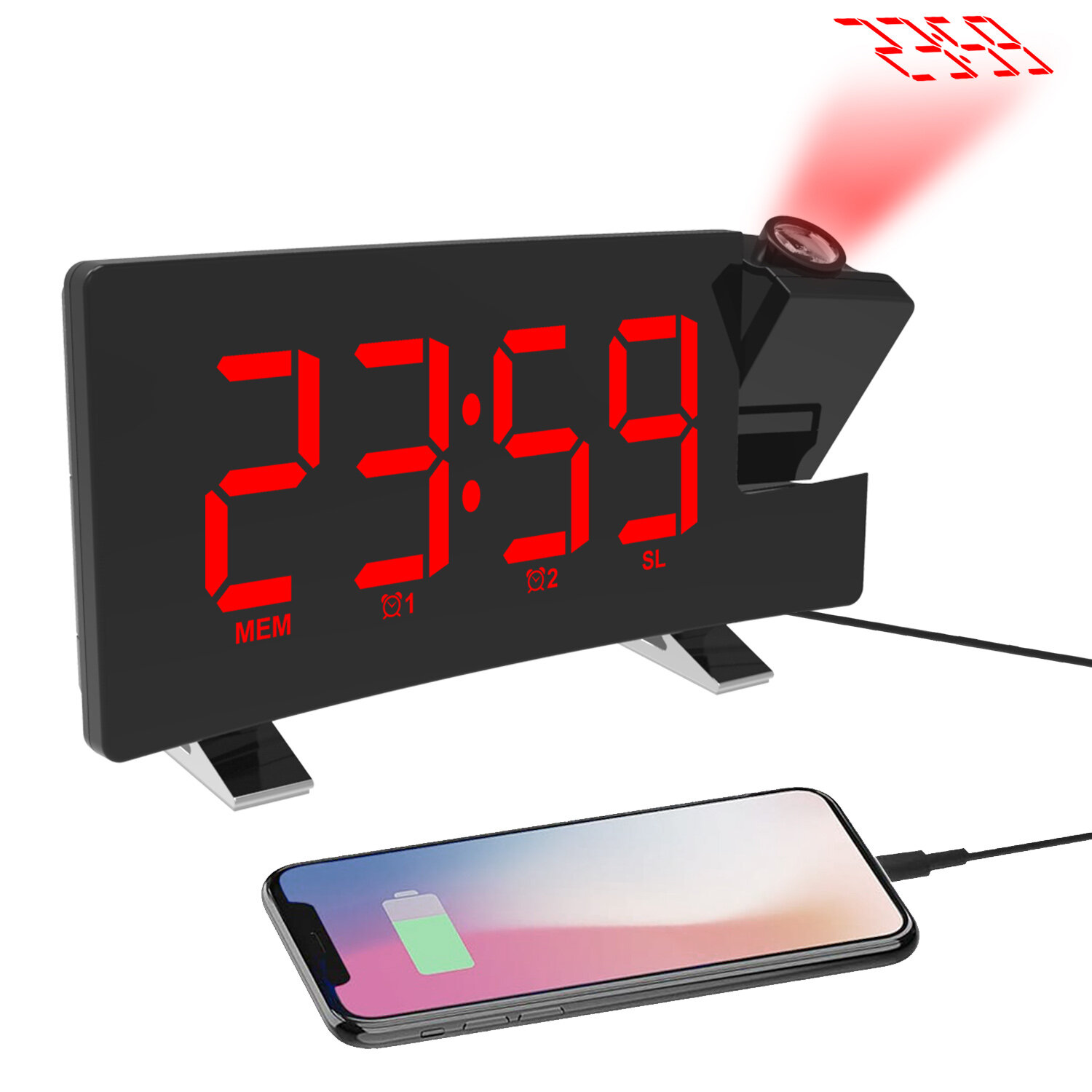 Réveil Projecteur AGSIVO 8 pouces – Projecteur 180°, Radio FM, Snooze, Variateur 3 Niveaux, Écran LED Courbé, Port USB – Chambre & Salon - Image 9