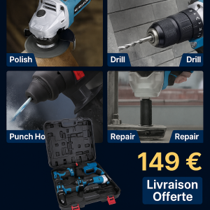 Set d'outils électriques Drillpro de 4 pièces : clé,meuleuse angulaire,perforateur,moteur sans balais,livré avec 2 batteries et 1 chargeur. - Bleu