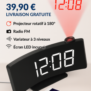 Réveil Projecteur AGSIVO 8 pouces – Projecteur 180°, Radio FM, Snooze, Variateur 3 Niveaux, Écran LED Courbé, Port USB – Chambre & Salon