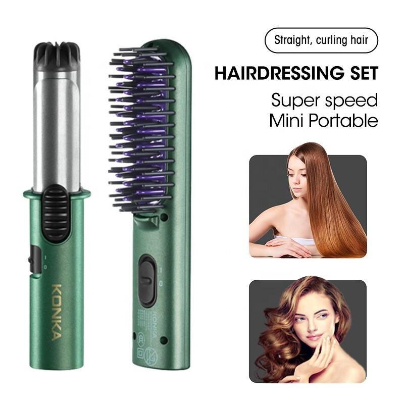Mini Kit de Coiffure Portable 3‑en‑1 – Fer à Boucler, Peigne Lissant Brosse à Air Chaud – Spécial Voyage – Vert Jade - Image 3