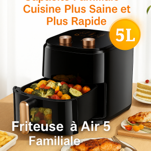 Airfryer Friteuse à Air 5L – Capacité Familiale Améliorée avec Fenêtre Visuelle