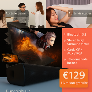 Barre de son 2.1 Bluetooth 5.3 — Son stéréo large + Surround virtuel, RCA AUX TF, Télécommande