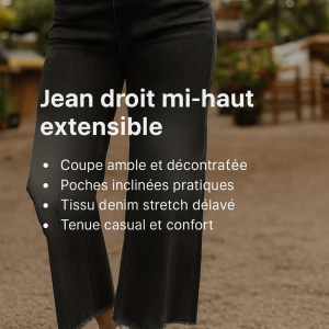 Jean droit mi‑haut femme — jean extensible délavé, poches inclinées, coupe ample et confortable
