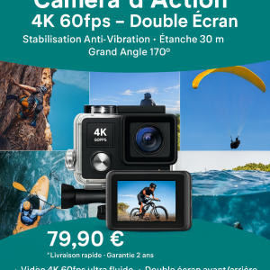 Caméra d’action AUSEK 4K 60fps Double Écran | Stabilisation Anti‑Vibration | Étanche 30 m | WiFi | Télécommande | Grand Angle 170°