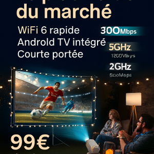 Mini Projecteur Portable 1080P (4K pris en charge) – WiFi 6 & Bluetooth 5.4 – Android TV intégré – Courte Portée – Cinéma Maison & Films en Plein Air