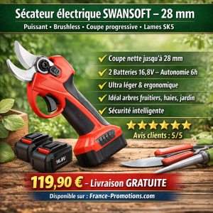 Sécateur électrique SWANSOFT 28 mm – 2 batteries 16,8V – Moteur Brushless 850W – Coupe progressive – Lames SK5 – Outil d’élagage professionnel