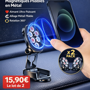 Lot de 2 – Support Téléphone Magnétique Voiture Pliable en Métal – Aimant Ultra‑Puissant – 360° – iPhone / Samsung / Xiaomi