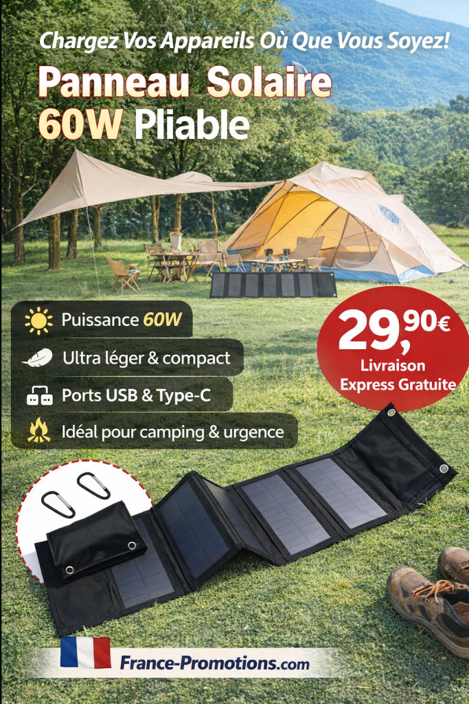 Panneau Solaire Pliable 60W USB – Charge Rapide – Camping et Randonnee