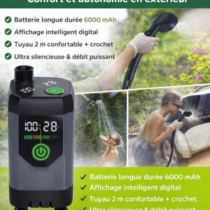 Pompe de Douche Électrique Portable 2026 – 6000 mAh, Affichage Intelligent, Tuyau 2 m | Camping & Voyage