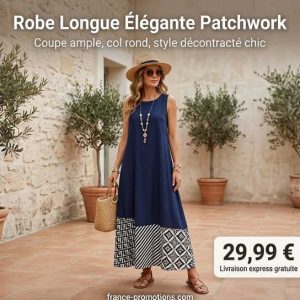 Robe longue femme coupe droite avec ourlet patchwork et col rond — tenue ample printemps, été, automne
