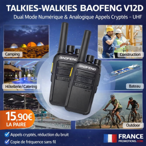 Pack 2 Talkies-Walkies Baofeng V12D – Numériques Analogiques – Appels Cryptés – UHF – Certificat CE