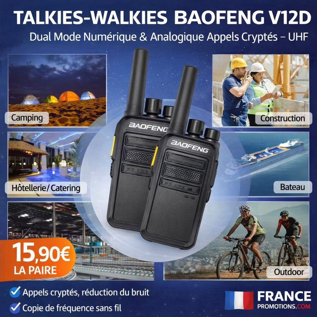 Talkies Walkies Baofeng V12D – Double Mode NumeriqueAnalogique Appels Cryptes UHF – Pack 2 – CE