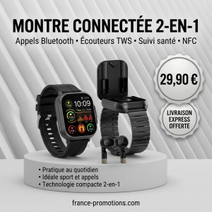 Montre Connectée 2026 2-en-1 avec Écouteurs TWS Bluetooth – Appel, Santé, NFC, Sport