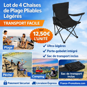 Lot de 4 Chaises de Plage Pliables Légères | Transport Facile & Porte‑Gobelet | France Promotions