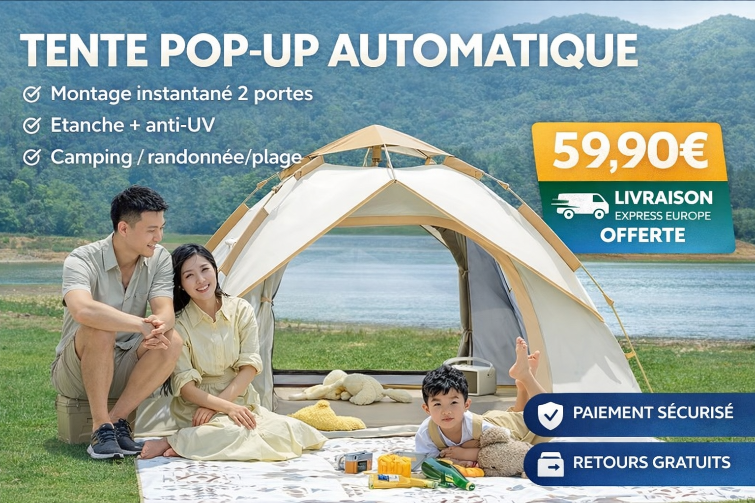 Tente Pop‑Up Automatique Etanche 2 Portes – Anti‑UV Montage Instantane Camping Plage