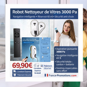 Robot Nettoyeur de Vitres Automatique 3000 Pa – Navigation Intelligente, Réservoir 60 ml, Usage Maison & Hôtel