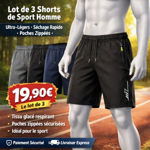 Lot de 3 Shorts de Sport Homme – Séchage Rapide, Poches Zippées, Ultra‑Légers