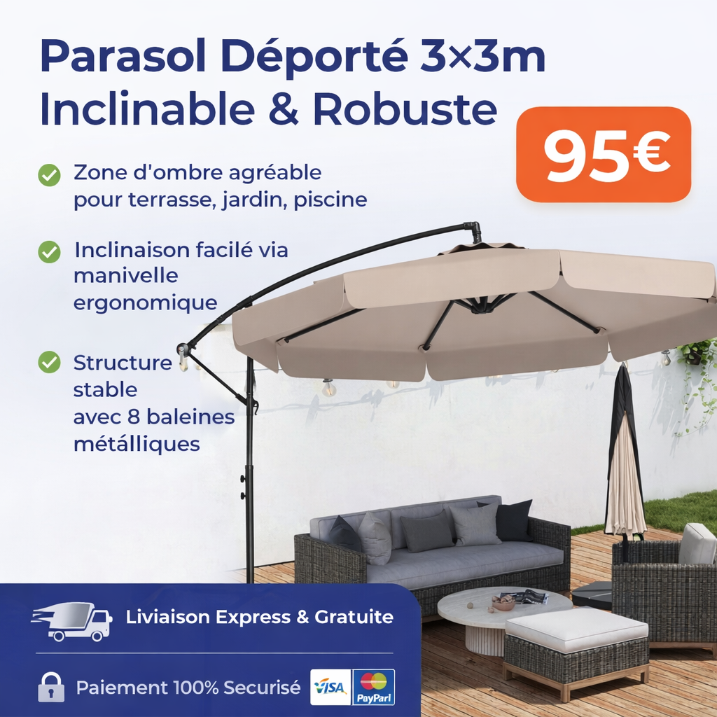 Parasol déporté 3×3 m avec housse, manivelle, inclinaison facile, 8 baleines, toile anti‑UV. Idéal terrasse, jardin