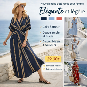 Robe d’été femme à rayures – col V, coupe ample, 4 couleurs