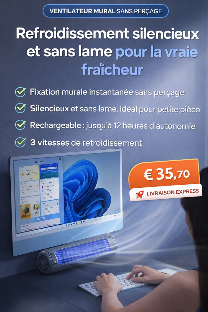 Ventilateur mural sans percage – 3 vitesses – Rechargeable silencieux Maison Bureau